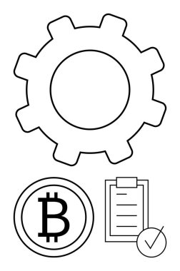 İşlem için vites, şifreli para için Bitcoin doğrulama için kene ile kontrol listesi. Engelleme zinciri, fintech, iş akışı, yenilik, ademi merkeziyetçi sistemler, dijital para birimi soyut çizgisi için ideal