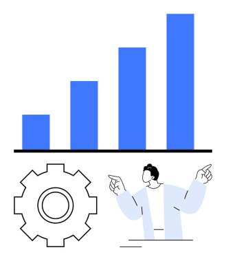 Büyüme sürecini gösteren çubuk grafik, süreç gelişimi için vites sembolü ve yönü gösteren bir adam. İş stratejisi, liderlik, büyüme analizi ve soyut düz çizgi için ideal