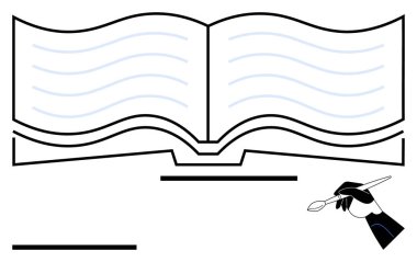 Akan sayfaları ve yaratıcılığı, yazmayı ve öğrenmeyi sembolize eden bir kalemi tutan eli olan açık bir kitap. Eğitim, edebiyat, hikaye anlatma, fikirler, yayıncılık, kişisel büyüme soyut çizgisi için ideal