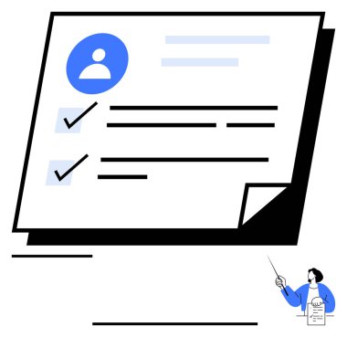 Kontrol listesi ve odak noktasında profil simgesi olan belge, yan tarafında kağıda işaret eden küçük sunucu figürü. Görev takibi, planlama, eğitim, üretkenlik, raporlama, organizasyon, soyut çizgi için ideal