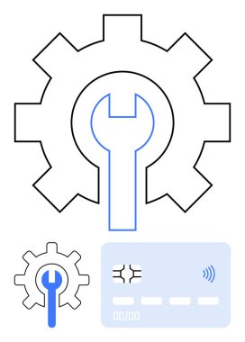 İçinde bakım ve sistem araçlarını sembolize eden ingiliz anahtarı olan bir vites, finansmanı temsil eden bir kredi kartıyla eşleştirilmiş. Ödeme güvenliği, ayarlar, fintech uygulamaları, tamir hizmetleri için ideal. Soyut çizgi