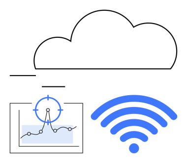 Bulut çizgisi, hedef noktalı analiz grafiği ve kablosuz dalgalar. Teknolojik yenilik için ideal, büyük veri, IoT, uzak çalışma, bağlantı, bulut hizmetleri soyut çizgi düz metaforu