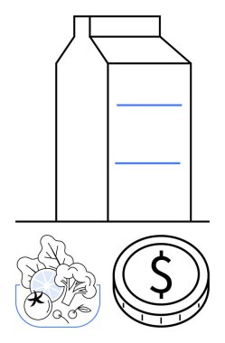 Süt kutusu, bir kase taze sebze ve madeni para gıda seçenekleri, ödenebilirlik ve bütçe konularını vurguluyor. Beslenme, finans, market alışverişi, sürdürülebilirlik gıda ekonomisi dengeli diyet için ideal