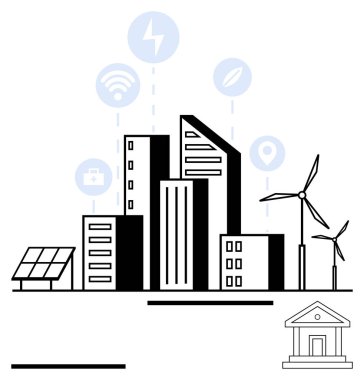 Binalar, güneş panelleri, rüzgar türbinleri ve enerji, kablosuz ve konum ikonları olan şehirler. Kentsel planlama, yenilenebilir enerji, bağlantı yönetimi eko-teknoloji yeniliği için ideal
