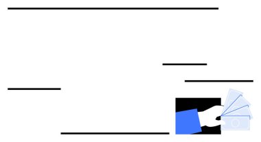 Minimalist tasarımın ortasında kalın çizgiler ve kontrastlı nakit paralar sunuyor. Ödeme işlemleri, bankacılık, finans, işlemler, bütçe, ticaret, soyut çizgi düz metaforu için ideal