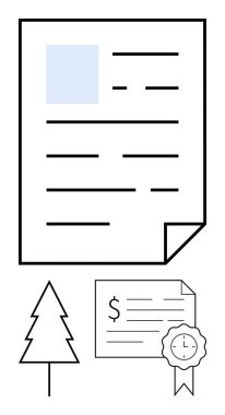 Metin satırlı mali belge, dolar işareti ve kurdeleli ödül sertifikası ve basit ağaç illüstrasyonu. Finans, sertifika, başarı, sürdürülebilirlik ve ekoloji için ideal
