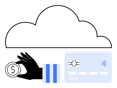 Bulut ve ödeme sembollü akıllı kart yanında bir dolar tutuyor. Finans, bulut hesaplama, dijital bankacılık, işlemler, fintech, e-cüzdanlar, çevrimiçi ödemeler, soyut düz çizgi