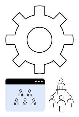 Kullanıcı simgeleri ve hiyerarşik ağ yapısına sahip bir tarayıcı penceresinin yanındaki büyük teçhizat. Takım çalışması, organizasyon, işbirliği, otomasyon, planlama, strateji, iş akışı için ideal. Soyut satır düzlüğü