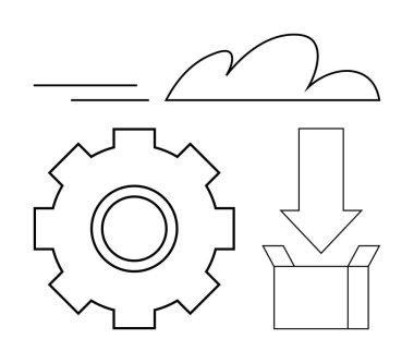 Vites gösterme işlemleri, depolama için bulut, indirme için ok sinyali ve teslimat için kutu. Teknoloji, otomasyon, yazılım, lojistik, bulut hesaplama yeniliği için ideal soyut çizgi