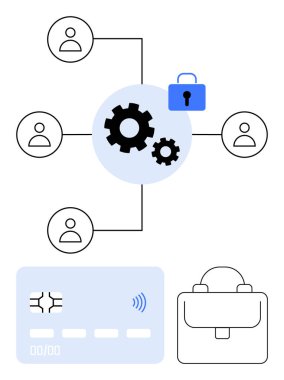 Vitesli ağ, kullanıcı simgeleri, kart ödemeleri, evrak çantası ve kilit. Dijital güvenlik, iş akışları, çevrimiçi ödeme, takım çalışması teknoloji hizmetleri için idealdir.