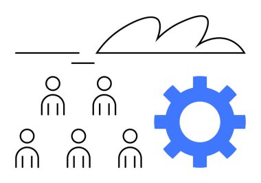 Bulutlu minimalist tasarım, altı insan ikonu, büyük mavi dişli. Takım çalışması, bulut hesaplama, işbirliği, dijital dönüşüm, süreç yönetimi, teknoloji entegrasyonu, yenilik için ideal