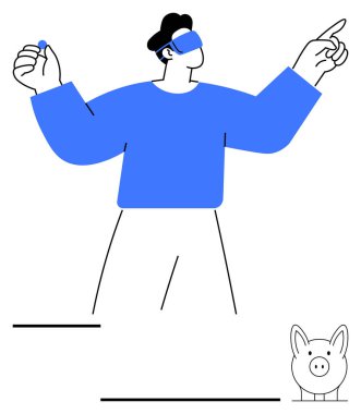 İnsan sanal gerçeklik deneyimi ile etkileşime giriyor. Bir eli sıkılmış, diğeri işaret ediyor. Domuz kumbarası tasarruf, finans, eğitim, yenilik ve geleceğin keşfi temalarına ilham veriyor. Soyut