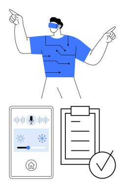 Adam sanal gerçeklik kulaklığı kullanıyor, devre temalı gömlek akıllı ev paneli işaretlenmiş öge ile kontrol listesini görüntüler. Teknoloji, yenilik, IoT, VR, tasarım, verimlilik, soyut çizgi için ideal