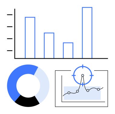 Çubuk grafik, pasta grafiği ve çizgi grafiği veri analizi, izleme ve performans ileten hedef işaretleyiciyle birlikte. İş stratejisi, finans, raporlar ve büyüme izleme ölçümleri için ideal