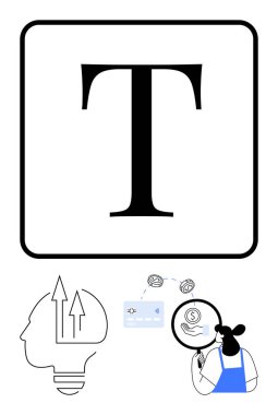 Büyük T odak noktası, parayı büyüteçle değerlendiren kişi, başı yükselen oklarla büyümeyi, kredi kartını simgeleyen kişi. Mali analiz, iş büyümesi, tasarruflar, yatırımlar için ideal