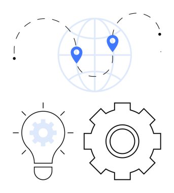 Konum iğneli dünya, süreci sembolize eden vites, ve fikirler ve yenilikler için ampul. Teknoloji, problem çözme, iş stratejisi, küresel düşünce, süreç yönetimi, yenilik için ideal