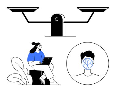 Dizüstü bilgisayar kullanan bir kadının üstünde bir denge terazisi ve tanınan bir erkek yüzü. Teknoloji, yapay zeka, etik, gizlilik, karar verme, yenilik, adalet, soyut düz metafor için ideal