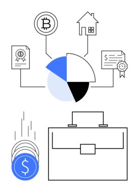 Bitcoin 'i, evi, sertifikaları birleştiren pasta grafiği yığının içine düşen iş paralarını sembolize ediyor. Finans, yatırım, kripto para birimi, emlak, tasarruf, iş planlaması için ideal