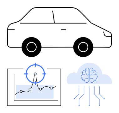 Gösterge paneli grafiği olan bir arabanın taslağı, bulutlu yapay zeka ile çalışan bir beyin ve veri bağlantıları. Yapay zeka, otomasyon, hareket kabiliyeti, akıllı sistemler, veri analizi, inovasyon soyut çizgi düz metaforu için ideal