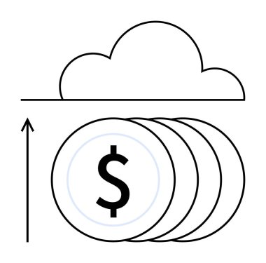 Bir okla bulutun altında yükselen madeni paralar. Finans, yatırım, teknoloji, bulut hesaplama, dijital büyüme, yenilik, gelecekteki eğilimler için idealdir. Satır metaforu