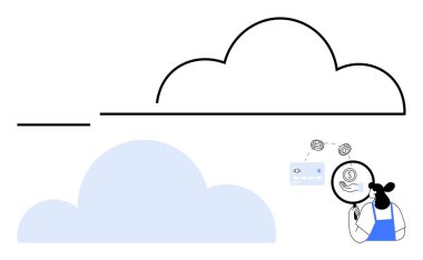 Bulut çevresindeki finansal verileri analiz etmek için büyüteç kullanan kişi. Bulut hesaplama, finansal analiz, teknoloji çözümleri, veri güvenliği, yenilik, dijital