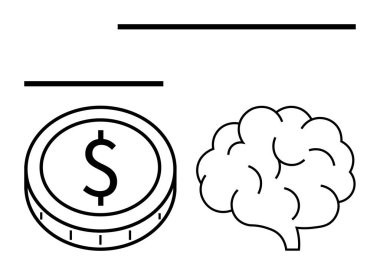 Beyne bitişik dolar işareti olan madeni para para ve zekanın dengesini sembolize ediyor. Finans, yaratıcılık, karar verme, psikoloji, iş stratejisi, bilgi, soyut çizgi