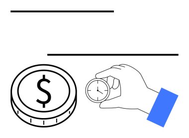 Dolar madeni parasına yakın el sıkışan saat, zaman değeri konseptini iletiyor. Finans, üretkenlik, zaman yönetimi, yatırım, öncelik sıralaması, karar verme, soyut düz metafor için ideal