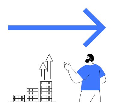 Adam yukarı bakan oklar ve yukarı bakan büyük mavi bir okla yükselen çizelgeye işaret ediyor. Ticari büyüme, başarı, liderlik, motivasyon, planlama, ilerleme, soyut çizgi için ideal