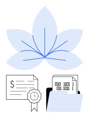 Mühürlü mali belge, mavi soyut yaprağın altındaki klasörde ikili kod kağıtları. Finansal teknoloji, belge güvenliği, veri yönetimi, siber güvenlik, dijital dönüşüm için ideal