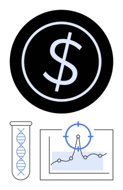 Dolar sembolü, test tüpündeki DNA ipliği ve hedef ikonlu veri tablosu. Biyoteknoloji, finans analizi, fiyatlandırma stratejisi, araştırma fonu, yenilik, tıbbi gelişmeler için idealdir.