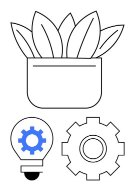 Yenilik, sürdürülebilirlik ve gelişimin içinde bir teçhizata sahip saksı bitkisi, ekipman ve ampul. Yenilikçilik, büyüme, üretkenlik, eko-fikir takım çalışması için ideal problem çözme soyut