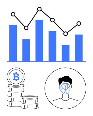 Büyüme çizgisi örtülü mavi çubuk grafik, kriptoyu sembolize eden Bitcoin para yığınları, biyometrik için yüz tarama kalıpları. Kripto para birimi eğilimleri, fintech araçları, pazar analizi ve dijital için ideal