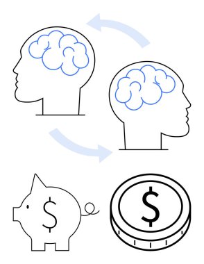 Birbirine bağlı okları olan iki insan kafası, bir domuz kumbarası ve fikir paylaşımı, işbirliği, mali planlama, yatırım, tasarruf, eğitim yeniliklerini tasvir eden bir bozuk para. Soyut çizgi düz metafor