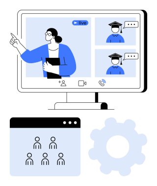 Öğretmenimiz öğrencilerle canlı bir video sunumu yapacak. Sohbet baloncukları, grup ekranı ve ayarlar. Çevrimiçi eğitim, webinarlar, uzaktan öğrenme, takım çalışması, iletişim teknolojisi için ideal