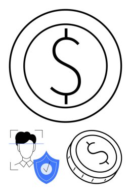 Dolar işareti olan büyük bir madeni para simgesi, yüz tanıma programı ve işaretli bir kalkan. Finans, dijital güvenlik, kullanıcı kimlik denetimi, parasal işlemler, çevrimiçi ödemeler için ideal