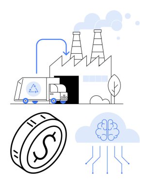 Fabrika yakınında geri dönüşüm kamyonu, ekonomiyi simgeleyen madeni para, yapay zekayı, yeniliği ve sürdürülebilirliği simgeleyen beyin bulutu. Çevre teknolojisi, yapay zeka etkisi, yeşil ekonomi ve endüstriyel gelecek için ideal.