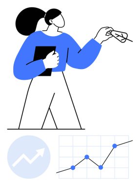 Elinde dosya tutan bir kadın, grafikler yukarı doğru ilerlemeyi gösteren bir yaprağa işaret ediyor. Ticari büyüme, başarı, veri analizi, liderlik, çevre dostu stratejiler, yatırım, soyut çizgi