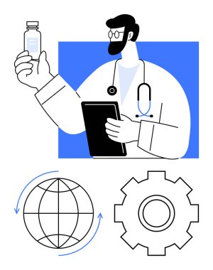 Doktor ilaç ve tablet tutuyor. Etrafı oklarla ve vites simgeleriyle çevrili. Sağlık, yenilik, tıbbi araştırma, teletıp, küresel sağlık, eczacılık, soyut çizgi için ideal