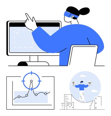 VR kulaklık kullanan kadın ekranla etkileşimde, veri eğilimlerini gösteren grafik, binaların üzerinde dengelenen figür. Teknolojik yenilik, veri görselleştirme, büyüme, üretkenlik, sanal ortamlar için ideal