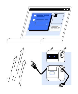 Robot bilgiyle bir bilgisayar ekranını işaret ediyor. Yukarıdaki oklar ilerleme ve hırs gösteriyor. Teknoloji, yenilik, yapay zeka, robot bilimi, büyüme, gelecek ve eğitim için ideal. Satır metaforu