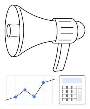 Megafon, veri noktaları olan yukarı doğru çizgi grafiği ve reklam, büyüme takibi ve kampanya bütçelerini gösteren hesap makinesi. Pazarlama, analitik, promosyon, strateji büyümesi için ideal