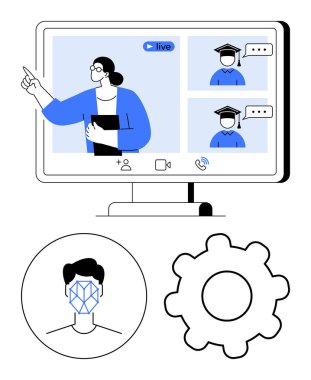 Monitörde video yoluyla eğitimci eğitimi, sohbet baloncukları olan öğrenciler, yüz tanıma profili ve ayarlar. Çevrimiçi eğitim, yapay zeka, teknoloji, webinarlar, iletişim dijital için ideal