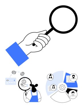 Büyüteçle el ele tutuşmak, belgeyi analiz etmek. Dijital profil, grafikler, vitesler ve insan simgeleri. Araştırma, araştırma, analitik iş SEO işe alım ekibi yönetimi için ideal