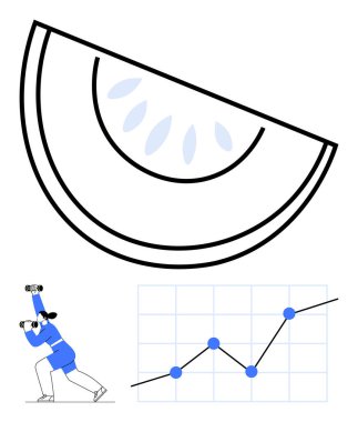 Soyut meyve dilimleri, ağırlık kaldıran insanlar, yükselen eğilimli grafikler. Fitness, iş büyümesi, yatırım, refah, sürdürülebilirlik, üretkenlik soyut çizgi düz metafor için idealdir