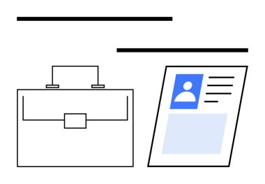 Profil, detay ve fotoğraf içeren profesyonel bir özgeçmiş belgesinin yanındaki evrak çantası. Kariyer, işe alım, iş arama, insan kaynakları, iş araçları, dokümantasyon soyut çizgisi için ideal