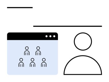 Takım üyesi simgeleri olan bir tarayıcı penceresinin yanındaki kullanıcı simgesinin minimalist tasarımı. Ağ oluşturma, uzak çalışma, takım yönetimi, sanal toplantılar, sosyal etkileşim, iletişim araçları, soyut