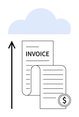 Yükselen okla hareket eden fatura dijital veri deposunu temsil ediyor. Verimlilik, dijitalleşme, finans, bulut hesaplama, yenilik, teknoloji, sürdürülebilirlik için ideal. Satır metaforu