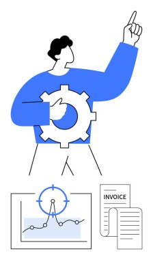 Adam dişli sembolünü yukarıyı gösterirken tutuyor. Çizelge veri eğilimlerini ölçüyor, fatura mali yönetim öneriyor. Yenilik, optimizasyon, strateji, analiz, finans ve üretkenlik için ideal