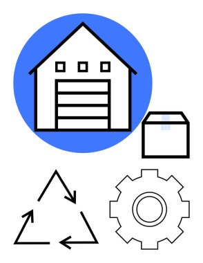 Garaj kapısı, nakliye kutusu, geri dönüşüm okları ve teçhizatlı bir depo. Lojistik, tedarik zinciri, sürdürülebilirlik, nakliyat, işlemler, e-ticaret soyut çizgi düz metaforu için ideal