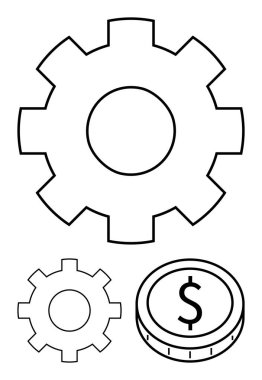 Büyük ve küçük dişli, içinde dolar işareti olan bir bozuk para. Çalışma verimliliği, iş stratejisi, süreç optimizasyonu, refah yönetimi, endüstriyel büyüme, sistem ilerlemesi, soyut çizgi